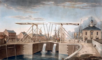 Bascule Bridge i New Docks w Kingston-upon-Hull, Yorkshire, 1786 (kolorowy akwatinta)